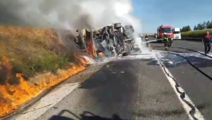 Akaryakıt yüklü tanker şarampole devrildi: Yangın korkuttu!